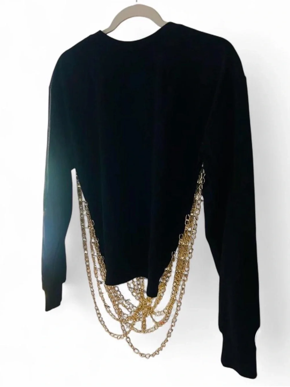 AKIRA Black Crewneck Sweater with Chain Accent